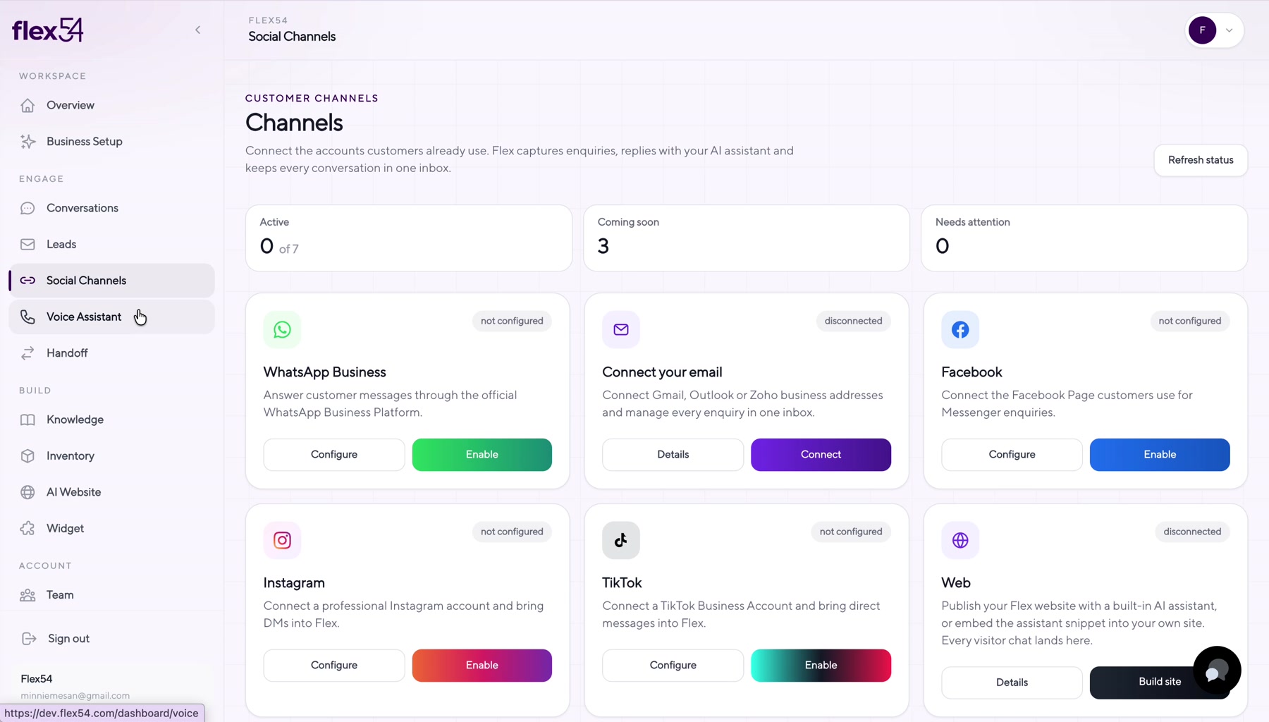 Flex54 Channels page with the email connection card