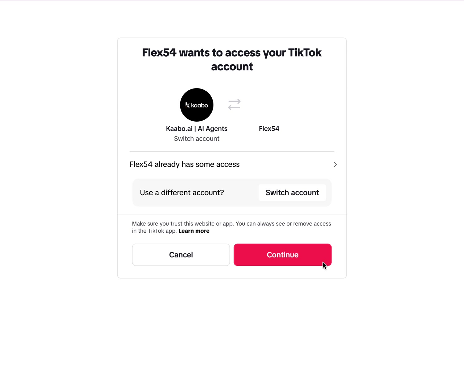 TikTok authorization screen asking the user to continue