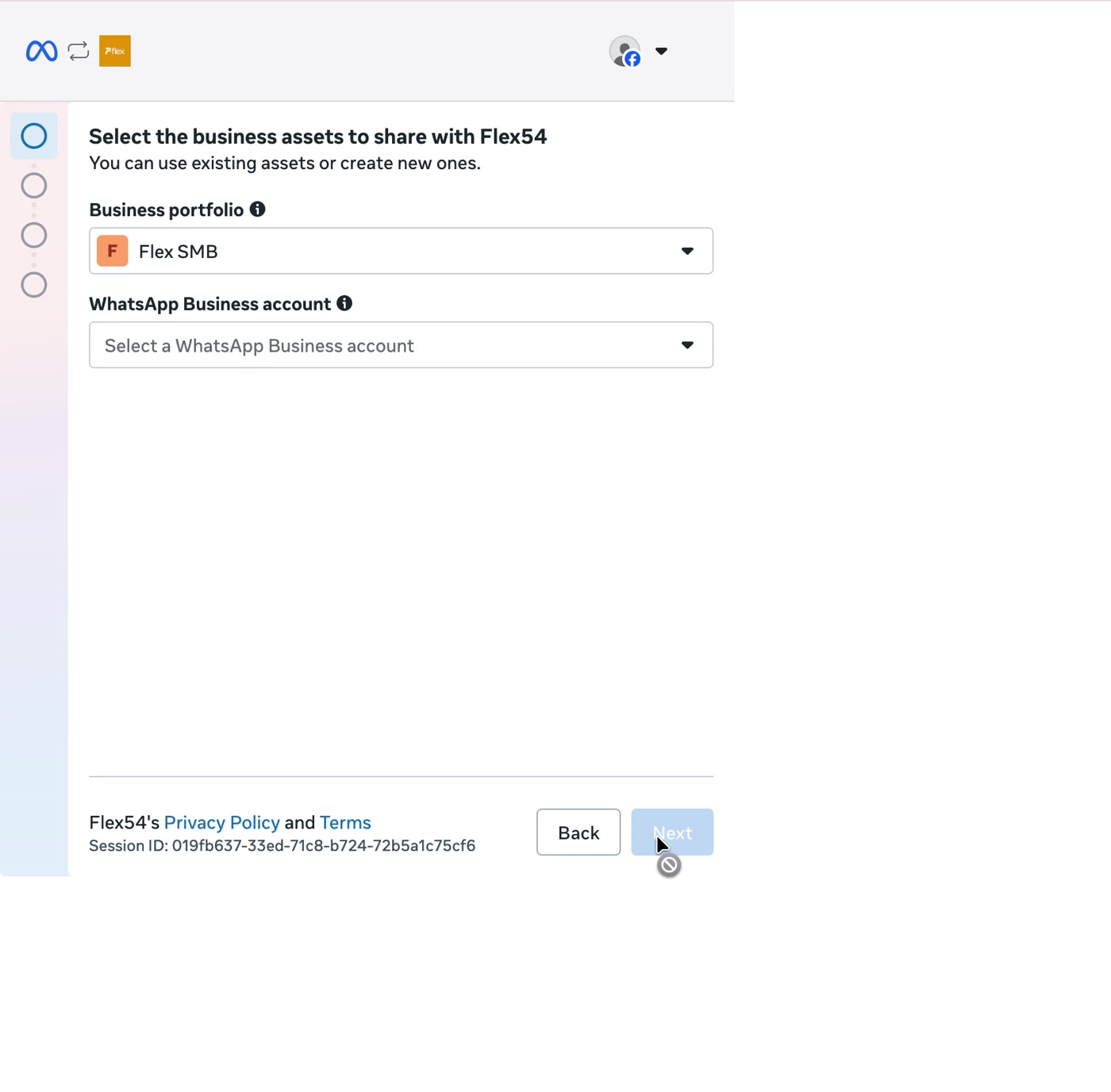 Meta asset selection screen for choosing a business portfolio